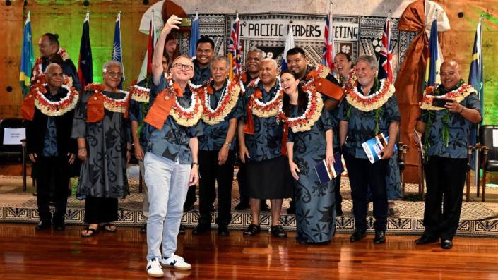Australia's Prime Minister Anthony Albanese (front) takes a selfie with fellow leaders during the Pacific Islands Forum (PIF) in Suva on July 14, 2022.<span class="copyright">William West—POOL/AFP/Getty Images</span>