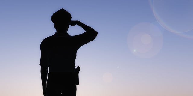 Silhouette of officer saluting in the sunset