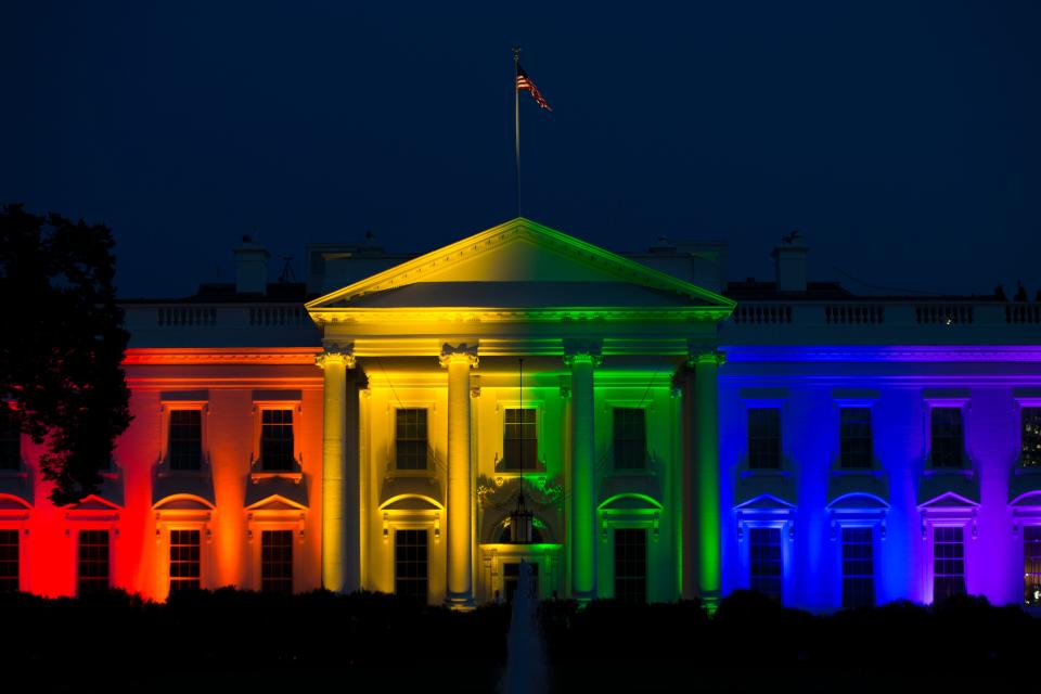 The White House is lit up in rainbow colors in commemoration of the Supreme Court's ruling to legalize same-sex marriage on Friday, June 26, 2015, in Washington.
